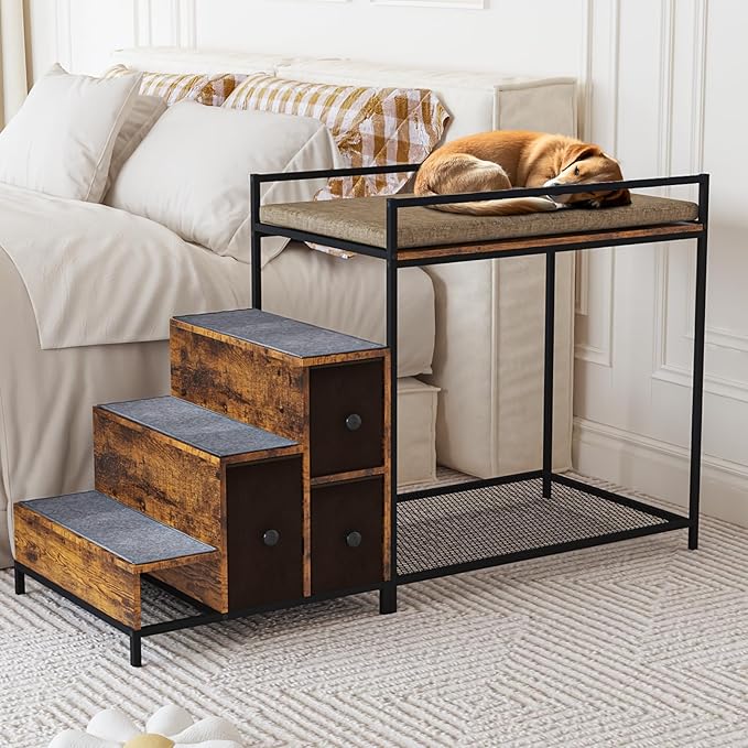 LEMBERI Pet Bunk Bed with Stairs and Storage, Dogs/Cats Window Perch, Bedside Lounge Elevated Dog Bed Multi-Level Platform with Foam Upholstery (Brown)