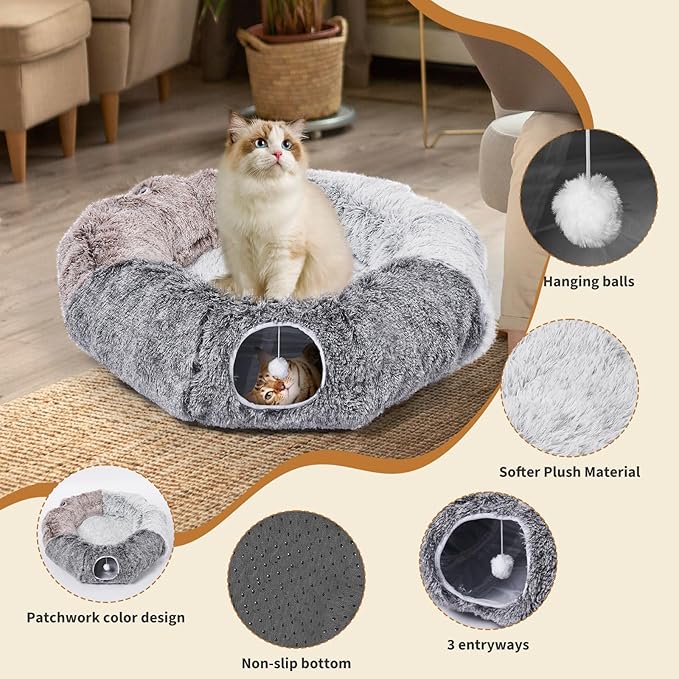 Large Cats Tunnels for Indoor Cats Fluffy Warm Cat Bed and Detachable Cave Tunnels with 20 Pet Toys, Donut Tunnel and Variety Kitten Toy Set for Playing - Image 4