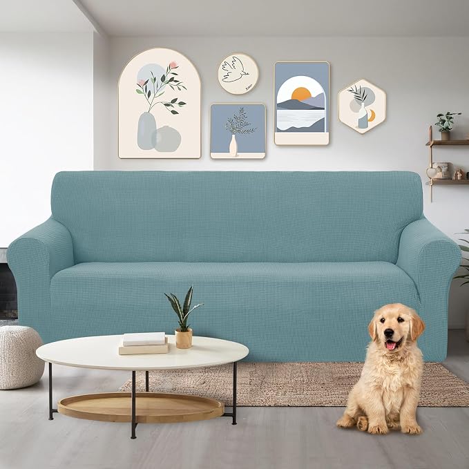 U-NICE HOME Stretch Couch Cover Slipcover for 3 Cushion Sofa, Light Blue | 1-Piece Sofa cover, Washable, Pet friendly, Furniture protector, Polyester Spandex Jacquard fabric - Image 2