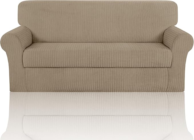 Sofa Cover Stretching Skid Resistance Couch Cover for Pets Washable, Thick and Durable Soft High Spandex Striped Pattern Sofa Covers, Form Fitted Sofa Slipcover(Sofa, Khaki) by ChengEase