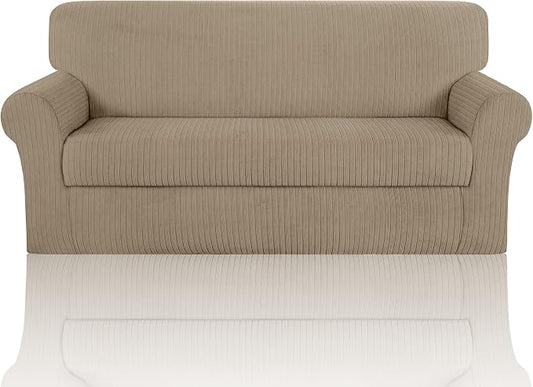 Sofa Cover Stretching Skid Resistance Couch Cover for Pets Washable, Thick and Durable Soft High Spandex Striped Pattern Sofa Covers, Form Fitted Sofa Slipcover(Sofa, Khaki) by ChengEase