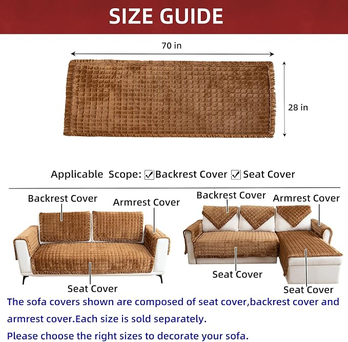 Couch Cover Sectional Couch Covers Non Slip Sofa Covers Washable for 3 Cushion Couch L Shaped Couch Protector Sofa Slipcovers for Kids Dogs Pets,Velvet,Coffee,28''x70''(Only 1 Piece) - Image 3