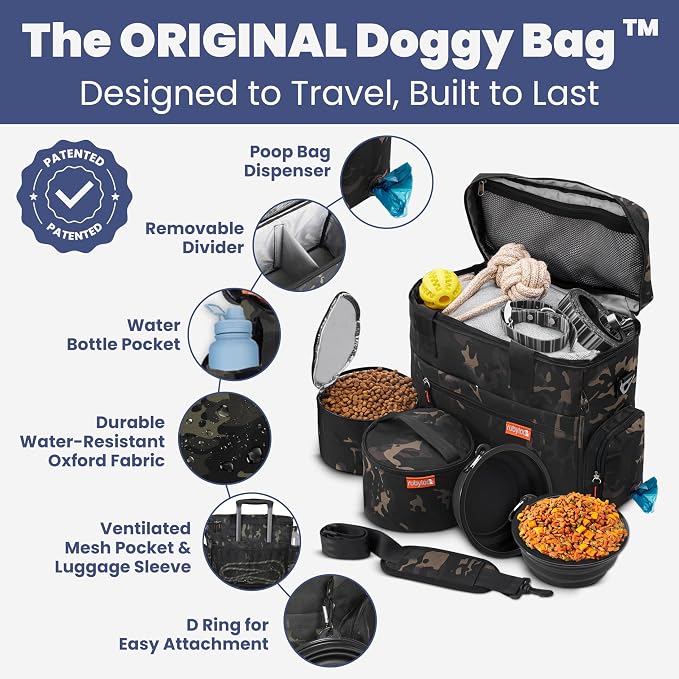 Rubyloo Original Doggy Bag™ Dog Travel Bag for Supplies with Travel Bowls | 2 BPA-Free Collapsible Bowls, 2 Pet Food Containers, TSA-Ready, Road Trips, Camping, Weekend Getaways, Doggy Gift, Camo - Image 2