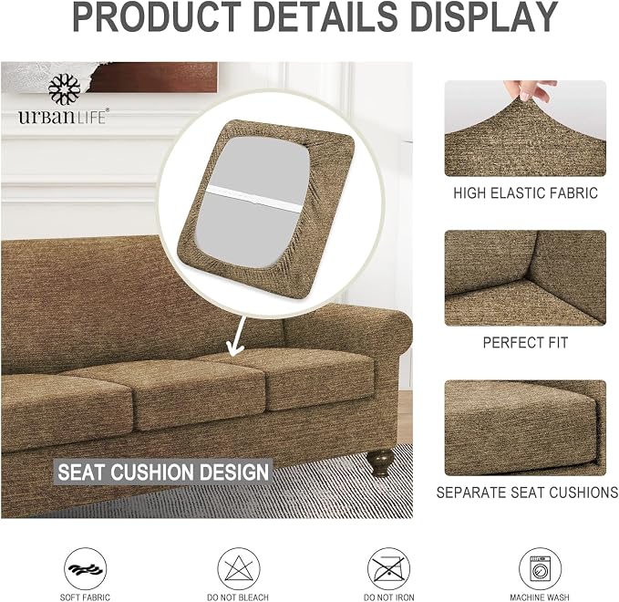 URBANLIFE 4-Piece Stretch Sofa Covers for 3 Cushion Couch, Brown | Super fitted spandex slipcovers for couches. Non-slip elastic bottom. Machine washable furniture protector for kids & pets. - Image 6