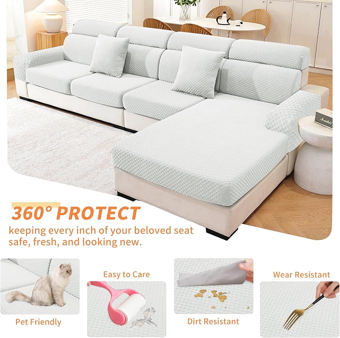 YEMYHOM Couch Cushion Covers for Sofa, Stretch Sectional Couch Seat Cushion Covers Washable Thick Furniture Protector Sofa Slipcovers for Pets (3 Seater + 1 Chaise, White) - Image 6