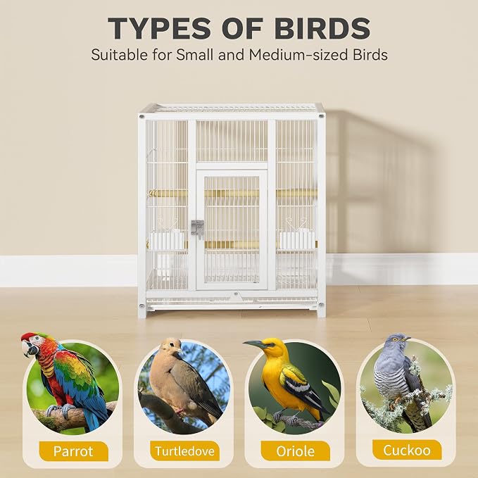 DWVO 41-inch Metal Bird Cage: Large Parrot Cages with Rolling Stand​ - Features Tray, Food Boxes & Wooden Perches for Parakeets, Lovebirds, Cockatiels, Finches and Pigeons, White - Image 4