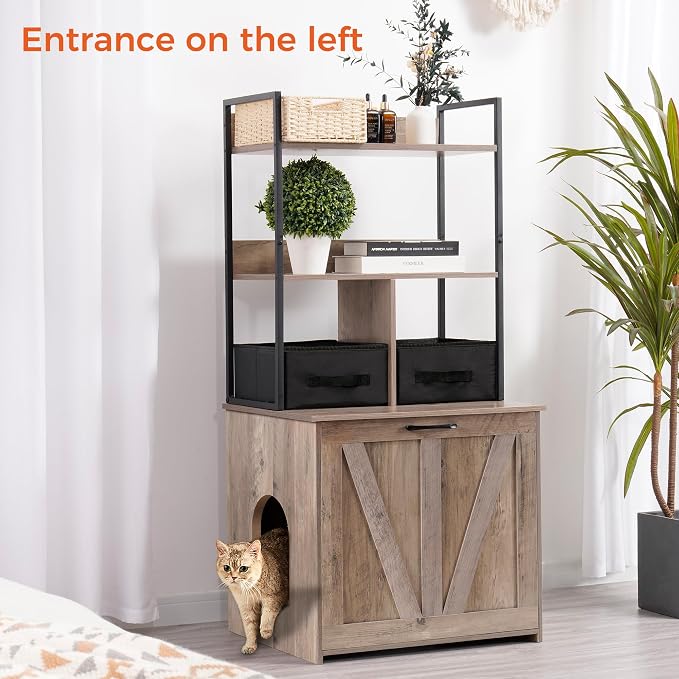 DWANTON Litter Box Enclosure with 2 Storage Shelves and 2 Drawers, 2-in-1 Hidden Cat Litter Box Enclosure Furniture with Shelf, Reversible Entrance, Washable Drawers, 50-Inch, Greige - Image 3