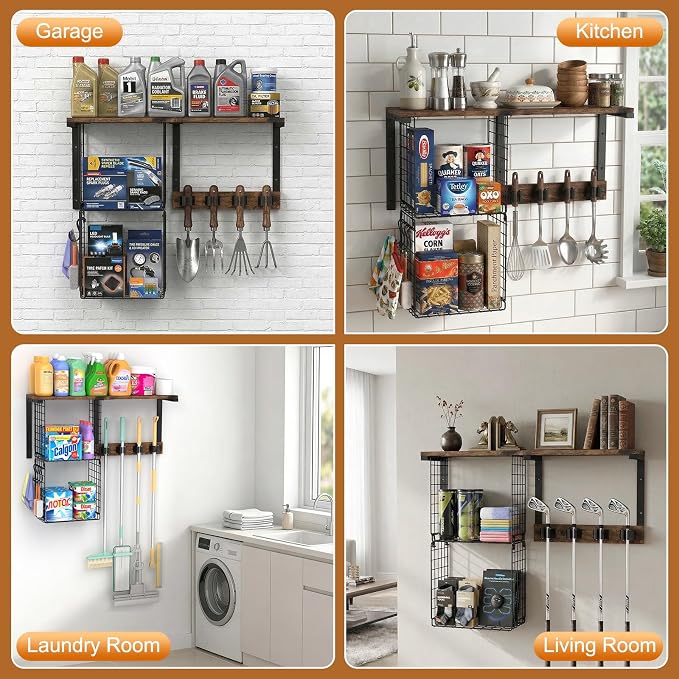 Housolution Wall Mount Broom Holder Laundry Room Storage Organizer Shelves | Thickened Metal Frame, 100 LBS High Load-Bearing, Large Capacity, Multifunctional with 2 Baskets, 4 Grippers & Hooks - Image 6