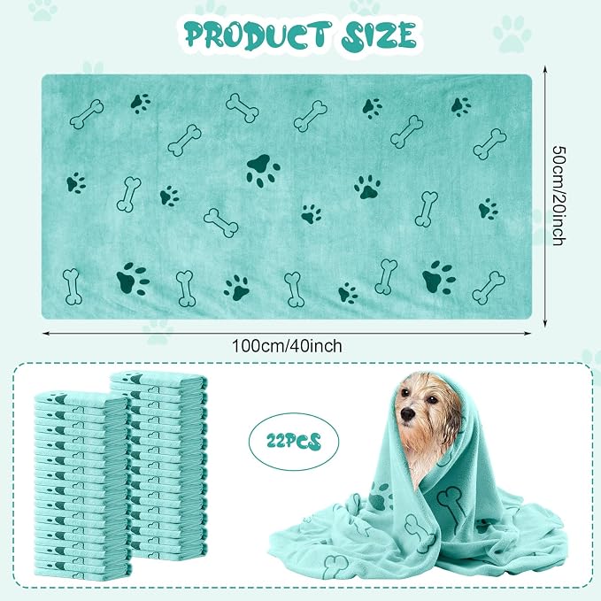 Tatuo 22 Pcs Dog Towels for Drying 20 x 40 Inch Pet Bath Towels Absorbent Microfiber Towel Quick Drying Puppy Bathing Supplies for Small Medium Large Dog Puppy Cat(Teal,Bone Pattern) - Image 2