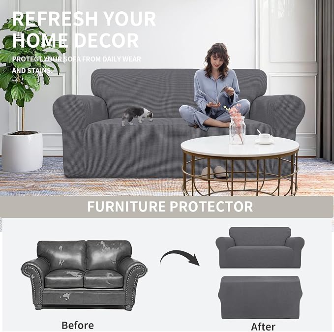 Easy-Going Stretch Oversized Loveseat Couch Covers Washable Grey | 1-Piece Large Loveseat Cover for 2 Cushion Couch Furniture Protector RV Sofa Slipcover Soft with Bottom for Kids Pets - Image 4