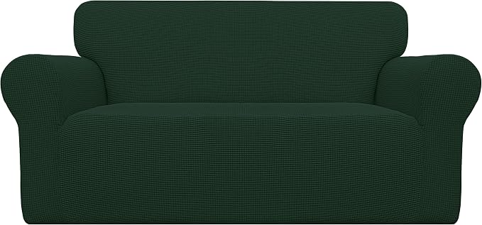 Easy-Going Stretch Loveseat Couch Covers Washable Dark Green | 1-Piece Loveseat Covers for 2 Cushion Couch Furniture Protector RV Sofa Slipcover Soft with Bottom for Kids Pets by Easy-Going