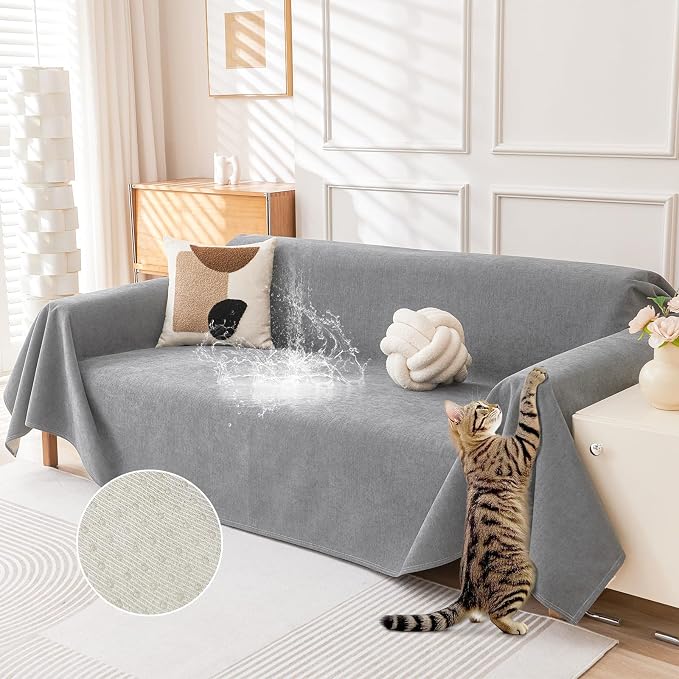 Deep Dream Cat-Scratch Resistant Couch Cover, Waterproof Sofa Cover for 3 Cushion Couch Washable,Pet Friendly Couch Protectors Anti Slip Thickened Love Seat Slipcovers for Dogs, 71" x 118",Light Grey by DeepDream