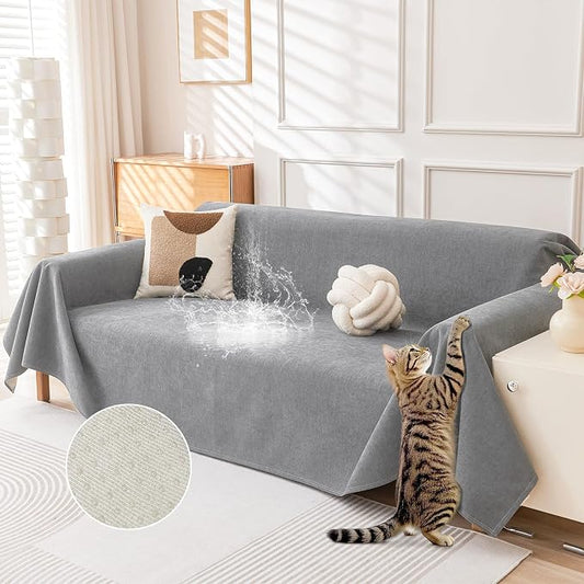 Deep Dream Cat-Scratch Resistant Couch Cover, Waterproof Sofa Cover for 3 Cushion Couch Washable,Pet Friendly Couch Protectors Anti Slip Thickened Sofa Slipcovers for Dogs Pets, 71" x 134",Light Grey by DeepDream