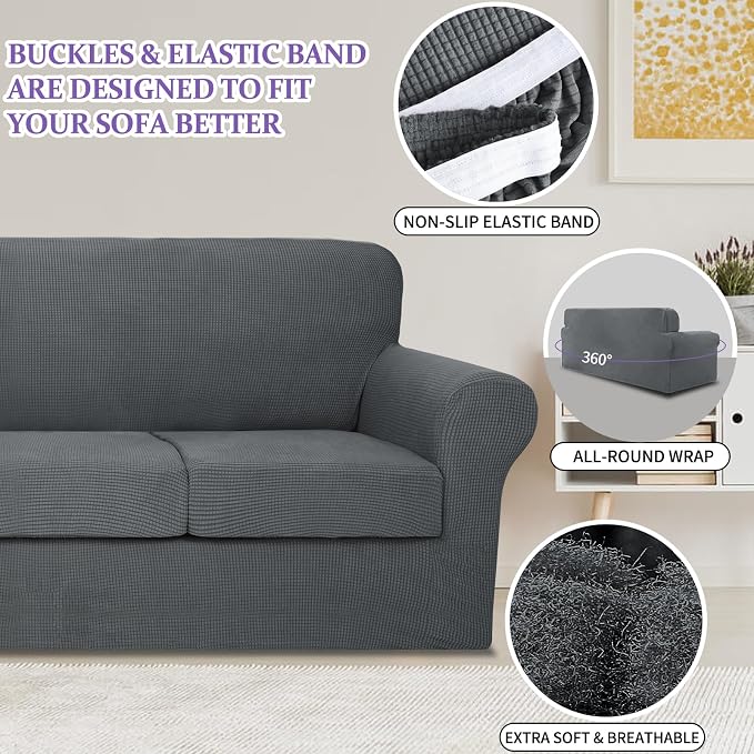 ZNSAYOTX 3-Piece Loveseat Slipcovers High Stretch Spandex Sofa Slip Cover Living Room Love Seat Couch Covers for 2 Cushion Couch Jacquard Small Checks Furniture Protector (Dark Grey, Loveseat) - Image 3