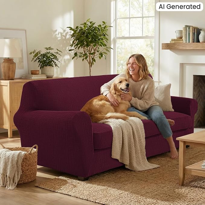 CYCMCAO Stretch 2 Piece Armchair Covers, Non Slip Chair Covers Armchair, Sofa Covers for Pets Washable with Elastic Bottom, Couch Slipcover for Kids, Dogs (Burgundy), 31"-46" (1 Cushion) - Image 3