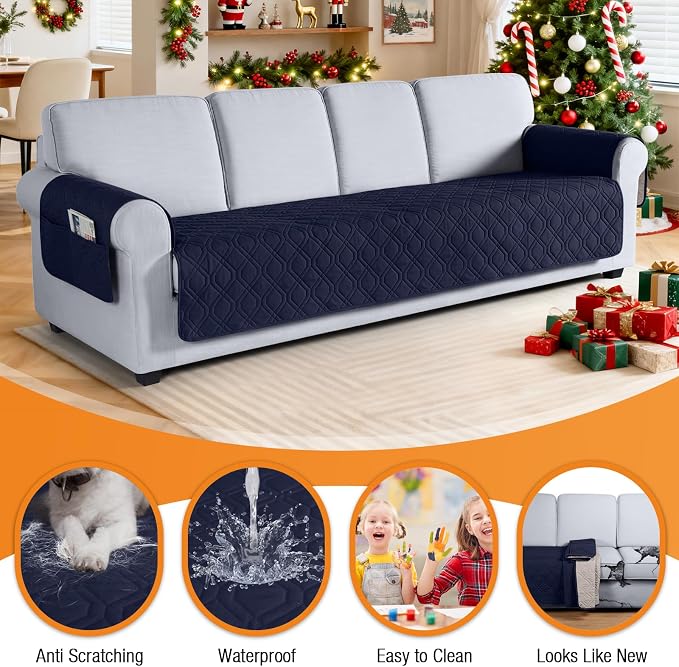 VANSOFY Waterproof Oversized Couch Cover for Pets, Dark Blue, 72.4" | Non-Slip, Washable, Utility Pockets, Pet Friendly, Furniture Protector Slipcover for 4 Cushion Couch - Image 4