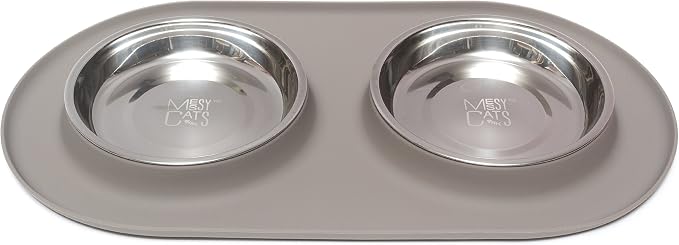 Messy Cats Double Silicone Feeder, Stainless Bowls, 1.75 Cup, Grey | Non-Slip Silicone Double Cat Feeder With Two Removable Stainless Steel Saucer Bowls For Food And Water by Messy+Cats