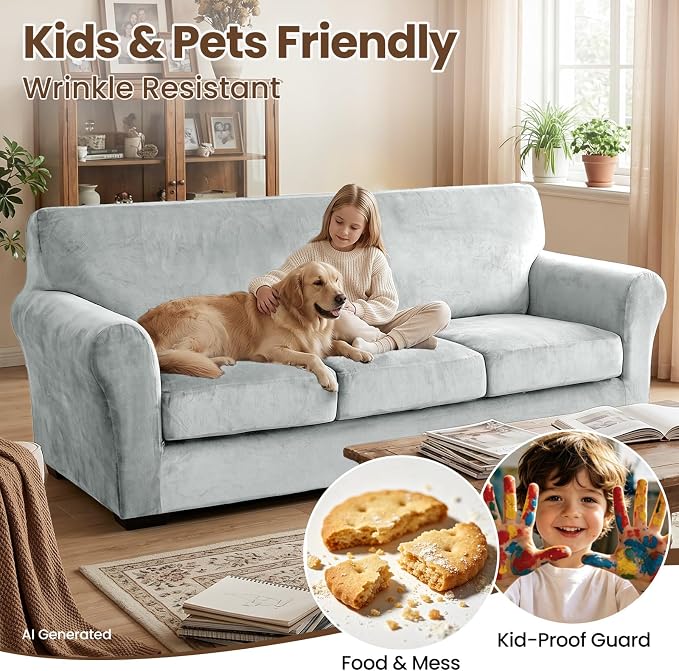 XINEAGE 3-Piece Velvet Sofa Cover,Couch Covers for Dog,Silver Gray | 2 Cushion Sofa,Stretch Non-slip Elastic, Pet-friendly, Washable, Fast Setup, Soft Plush Fabric, Furniture Protector. - Image 6