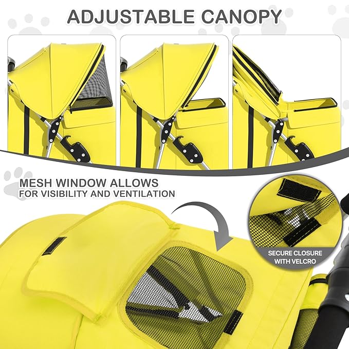 MoNiBloom Foldable Pet Stroller with Waterproof Cover, 3-Wheels Dog Strolling Cart for Small/Medium Dogs and Cats with Storage Basket and Cup Holder, Breathable and Visible Mesh for All-Season, Yellow
