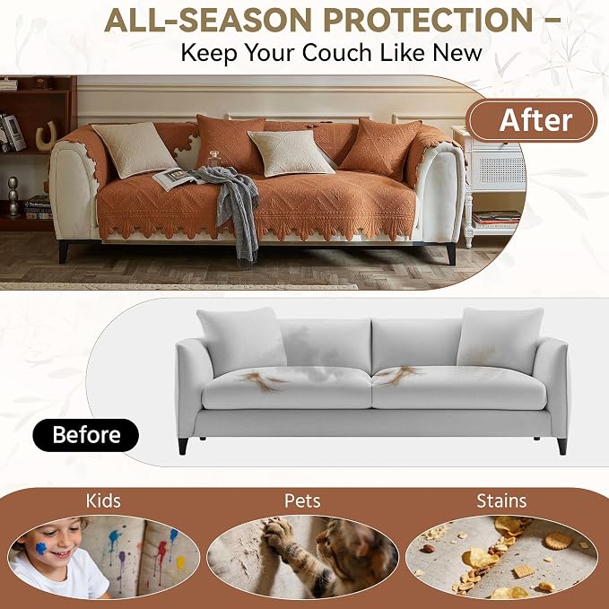 OTOB Quilted Pet Couch Cover Washable, Non-Slip Sofa Protector, 1 Piece | Burnt Orange, 27.6"x59.1", Premium Cotton, Rustic Farmhouse Embroidery, All Seasons, Soft Thick, Breathable, Wear-Resistant - Image 2