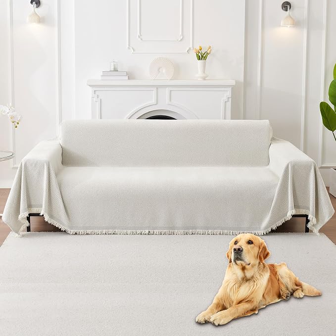 HAOMAIJIA Non Slip Couch Cover Sofa Covers for 3 Cushion Couch Washable sectional Couch Covers for Dogs pet Furniture Protector Couch Cover Blanket for Living Room (Off White, 91"x134") - Image 9