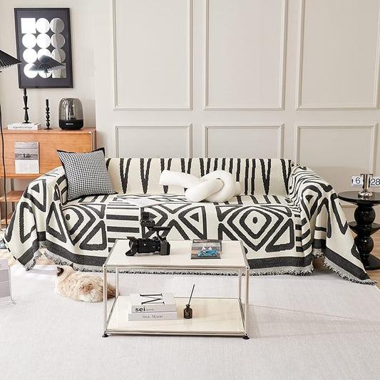 VClife Bohemian Sofa Cover, Non Slip Sofa Throw Cover for Couches, Thick Washable Couch Cover for 3 Cushion Couch for Living Room Bedroom, Multi-Functional Furniture Protector, White-Black, 71"X134" by VCLIFE