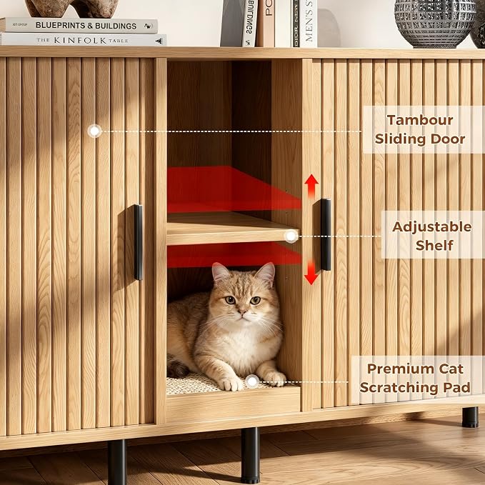 58" Double Cat Litter Box Enclosure, Large Hidden Litter Box Furniture for 2 Cats with Cat Scratch Pad, Wooden Modern Indoor Cat House with Double Room, TV Stand, Side Table, Natural - Image 5