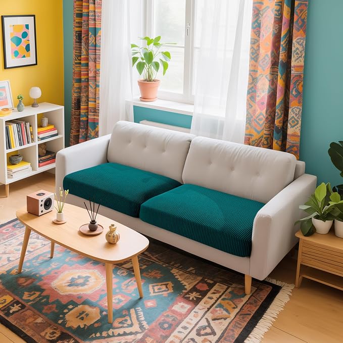 Hokway Stretch Couch Cushion Covers, 2 Piece Individual Sofa Cushion Slipcovers，Jacquard Sofa Seat Slipcover Set, Non-Slip Protector for Cushion (Teal,Small-2PC) - Image 2