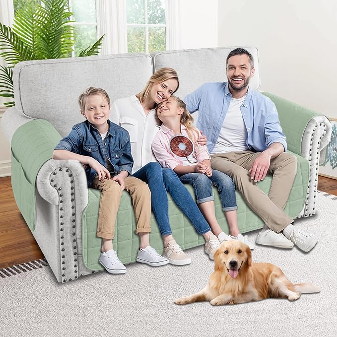 MAXIJIN Waterproof Loveseat Covers for Dogs Washable, Quilted Love Seat Couch Covers 2 Cushion Couch with Side Pockets, Non-Slip Furniture Protector for Pets Kids (Loveseat, Mint Green) - Image 2