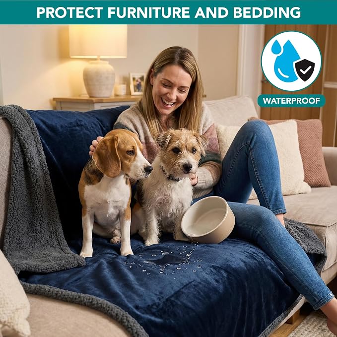 PetAmi Waterproof Dog Blanket for Couch, Extra Large 80x60, Pee Proof Sherpa Fleece Reversible Pet Throw, Furniture Protector for Bed Sofa Crate Kennel, Soft Washable Cover for Dog Cat, Blue Grey - Image 2
