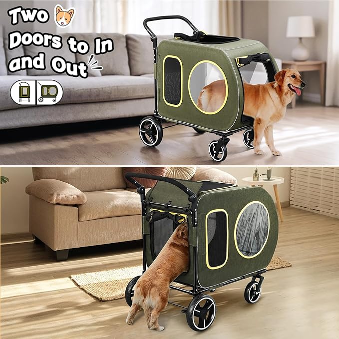 2025 Upgraded Dog Stroller for Large & Medium Dogs，Pet Stroller for 2 Small Dogs, Foldable Jogger Wagon with Detachable Carrier for Car Seat, Adjustable Handle, Up to 90 lbs, Green