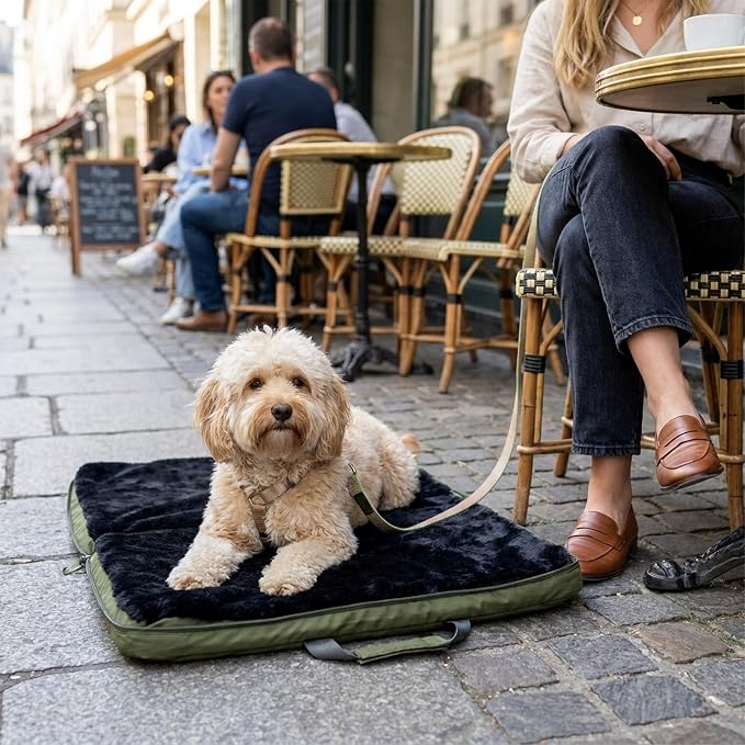 4 Cats & Dogs Gus Travel Bed – Portable Foldable Dog Bed & Pet Cushion Mat with Soft Faux Fur, Water-Resistant Nylon, Zippered Suitcase Design for Camping & Travel- Medium (29.5″ x 39.5″), Army - Image 2