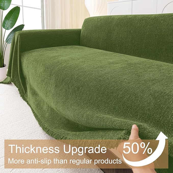 Smiry Couch Cover for Dogs, Chenille Sofa Covers for 3 Cushion Couch | Washable Soft Sofa Slipcover for Pets, Thick Sectional Furniture Protector with Tassels (Green, 71x118 Inch) - Image 4