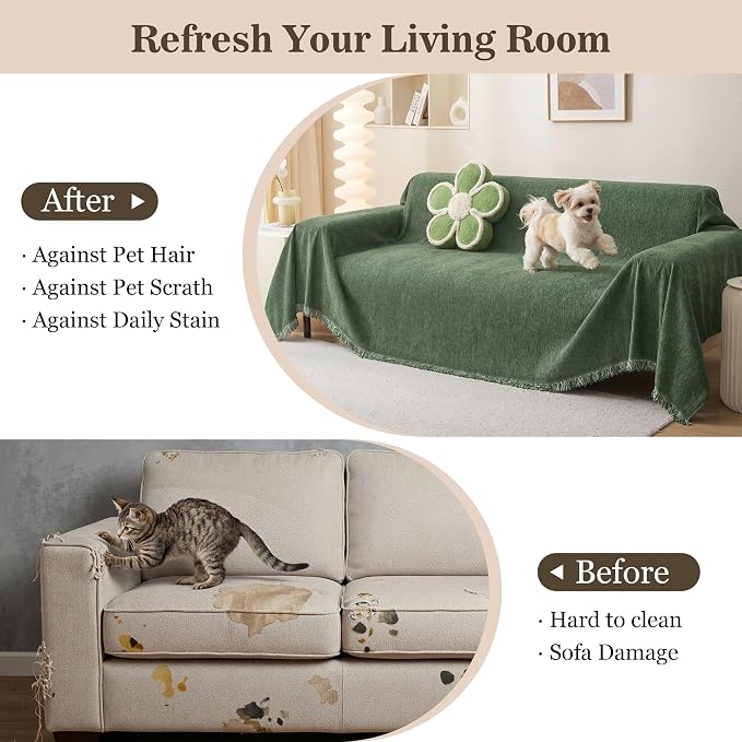 MEETSKY Couch Cover Washable for Dogs Sectional Couch Covers Chenille Sofa Covers Living Room Pet Couch Protector Sofa Slipcovers for Pets,Kids, 71"x 102", Moss Green - Image 7