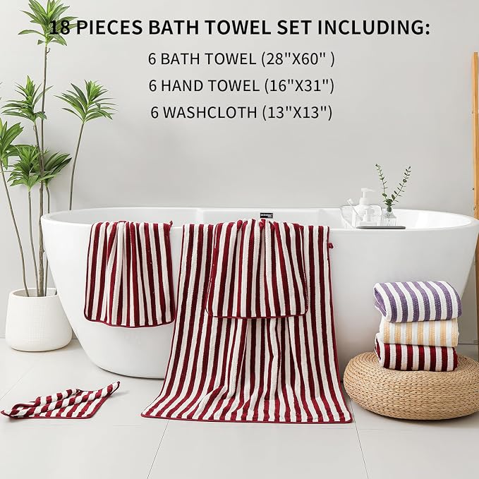18-Piece Microfiber Bath Towels Set - 6 Bath Sheet, 6 Hand Towels, 6 Washcloths, Soft, Highly Absorbent Bathroom Towel, Quick Dry & Less Lint Shower towel for Bathroom, Hotel, Spa, Dorm-Burgundy - Image 4
