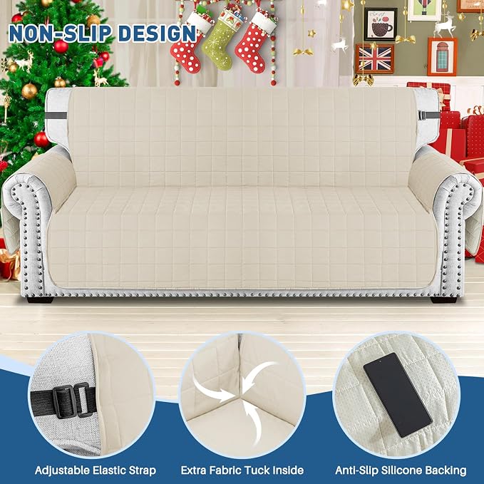 MAXIJIN Waterproof Love Seat Couch Covers 2 Cushion Sofa, 49" Quilted Loveseat Cover Slipcovers for Pets Dog Couch Cover Protector with Elastic Strap & Side Pocket (Loveseat, Beige) - Image 2