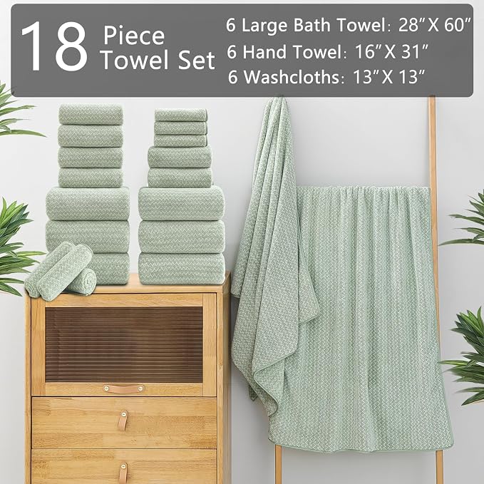 Ycosy 18 Piece Bath Towels Set,100% Microfiber Family Bathroom Towel with Hanging Loops-6 Bath Towels,6 Hand Towels,6 Washcloths,Quick Dry Highly Absorbent Shower Towel for Bathroom,Hotel,Spa-Green - Image 2