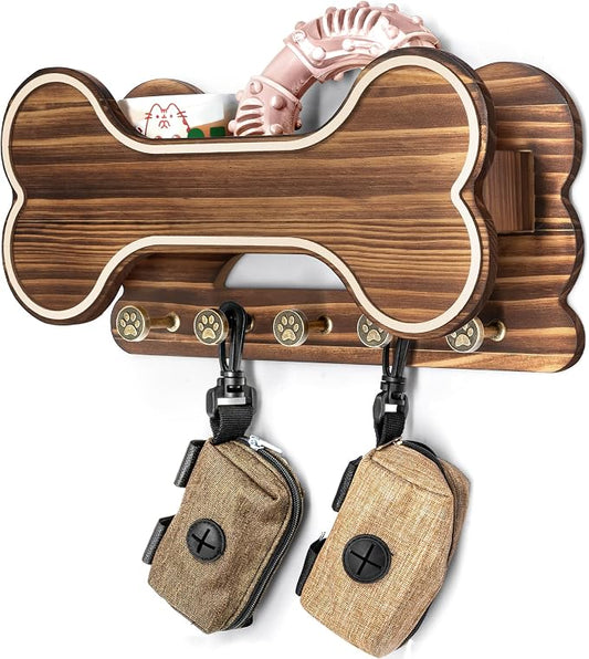 MTERSN Farmhouse Dog Leash Holder for Wall - Dog Stuff Organizer and Doggie Bone Key Holder Wall Mount with 5 Decorative 3D Puppy Paw Hooks & Storage Shelf - Ideal Home Decor (Brown) by MTERSN