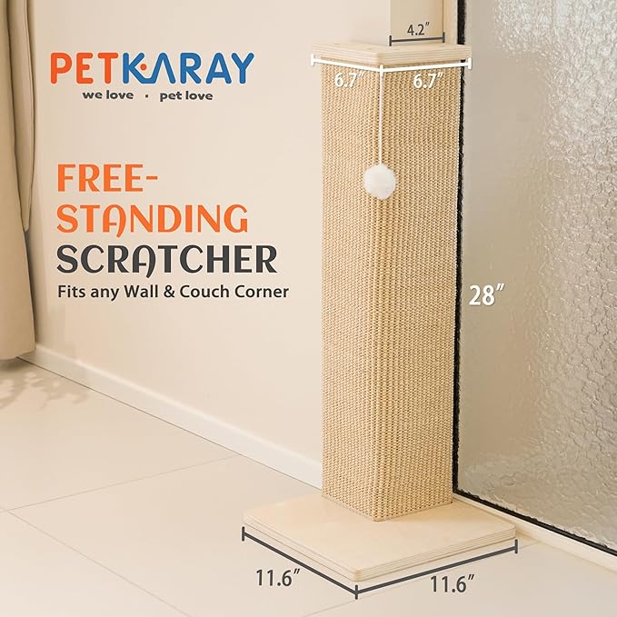 PETKARAY Couch Corner Cat Scratcher, 28'' Corner Scratching Post Cat Wall Scratcher, Sisal Scratch Pad for Sofa, Wall Furniture Protector with Toy Ball - Image 2