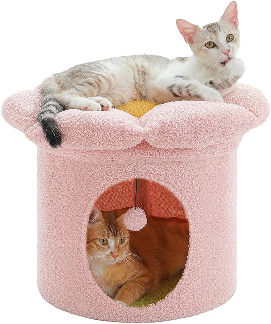 PETEPELA Cat Beds for Indoor Cats, Small Cute Cat Tree House with Removable Flower Cat Bed, Cat Hideaway, Indoor Cat House Condo, Cat Accessories, 20X20X16 Inches, Pink by PETEPELA
