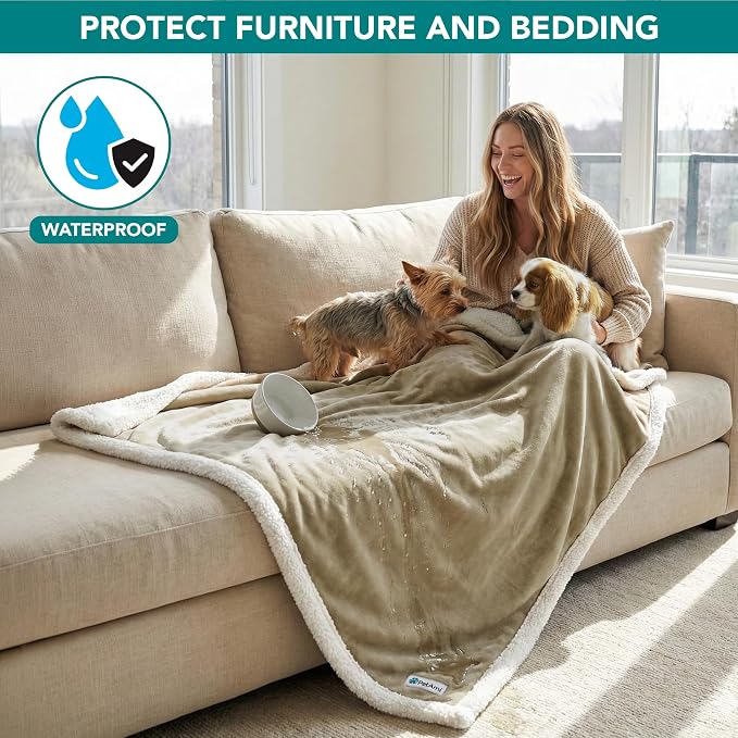 PetAmi Waterproof Dog Blanket for Couch, Pee Proof Sherpa Fleece Reversible Pet Throw, Furniture Protector for Bed Sofa Kennel, Soft Washable Cover for Small Medium Dog Puppy Cat, 29x40 Taupe - Image 2
