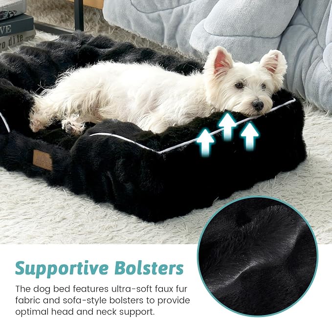 COZY KISS Orthopedic Dog Bed for Large Medium Size Dog, Soft and Warm Faux Fur Sofa for Pet Up to 75 lbs, Foam Bolster Anti-Slip Couch with Washable Removable Cover, L 36x27x6.5 inch, Black - Image 4