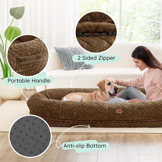 ChiXnuggle Orthopedic Human Dog Bed,with Faux Fur Washable Cover,Blanket | brown,72*40*10,giant dog bed for adult or extra large dogs,egg crate foam,non-slip bottom - Image 5