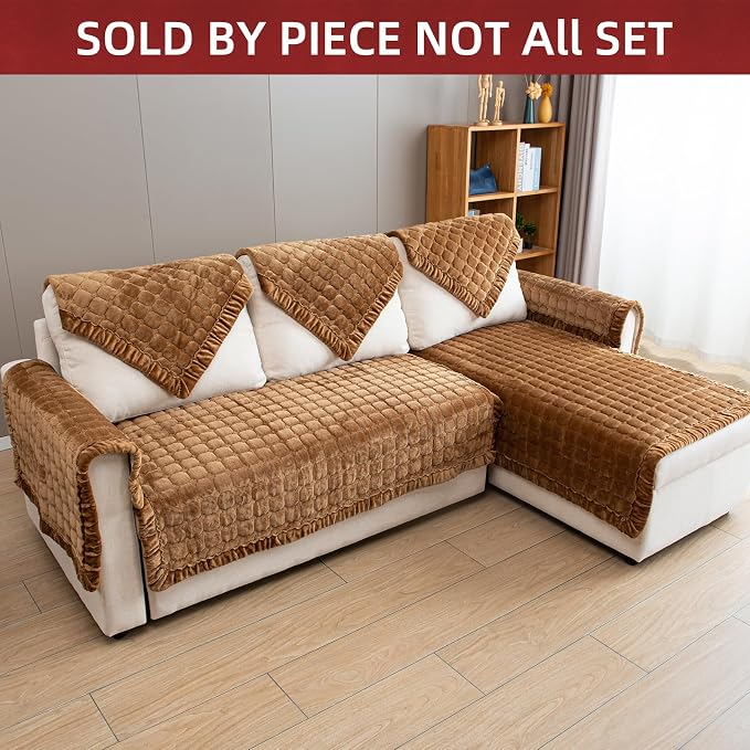 Couch Cover Sectional Couch Covers Non Slip Sofa Covers Washable for 3 Cushion Couch L Shaped Couch Protector Sofa Slipcovers for Kids Dogs Pets,Velvet,Coffee,36''x70''(Only 1 Piece) - Image 2