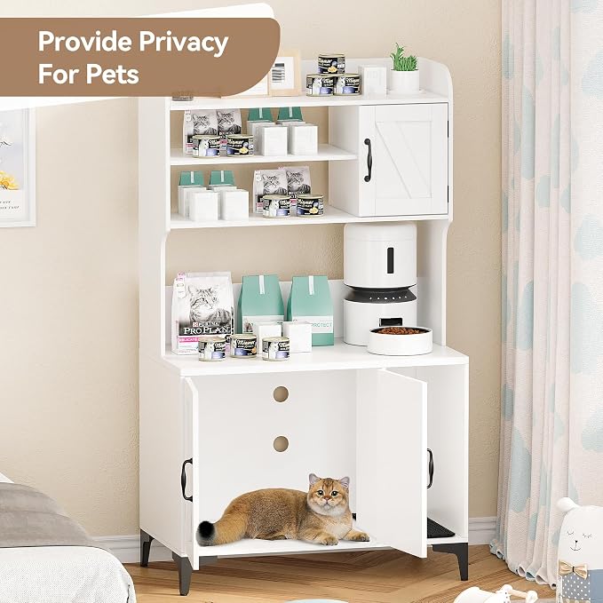IDEALHOUSE Cat Litter Box Enclosure with Shelves and Doors,Wood Sturdy Hidden Litter Box Furniture,Indoor Cat House Furniture for Most of Litter Box,Litter Box Cabinet,White - Image 2