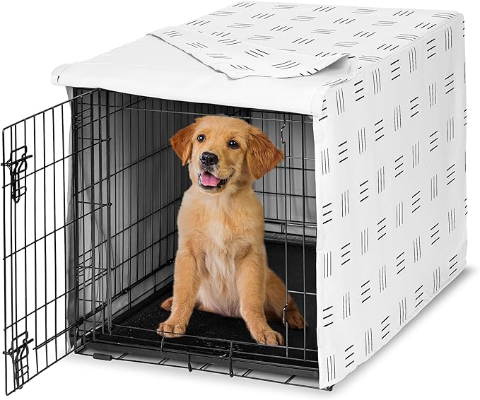 Sweet Jojo Designs 36in. Medium Dog Crate Cover (White and Black Boho) Pet Cage, Kennel Covers (Mudcloth, Black & White, Bohemian, Modern, Minimalist, Southwest, Mud Cloth, Hatch, Neutral Triple Line) by SweetJojoDesigns