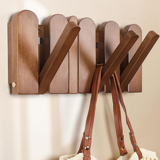 Wall Coat Rack for Entryway: Folding Wood 4 Hooks for Small Space | Modern Heavy Duty Wall Mounted for Mid Century Home Decor Bathroom Hallway Bedroom for Hanging Towel Jacket Backpack Bag by KYIAANY