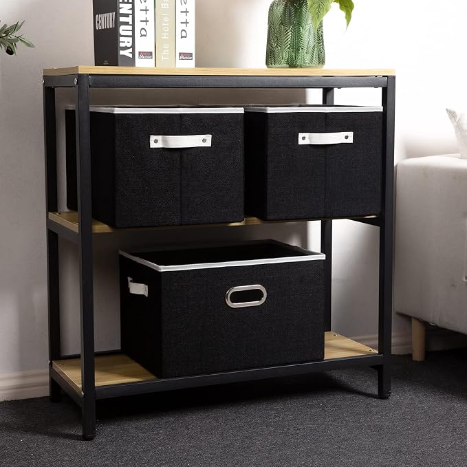 PRANDOM Larger Collapsible Storage Bins for Closet [3-pack] Decorative Linen Fabric Storage Baskets Cubes with Leather/Metal Handles for Living Room Black (17.3x12.2x10.4 Inch) - Image 3