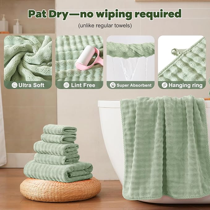 COZYART Lint Free 8 Pcs Bathroom Towel Set Ultra Soft Microfiber Sage Green | Ultra Soft, Fluffy, Thick, Highly Absorbent, Quick Dry, No Shedding, No Pilling, Fade Resistant, Durable, Long-lasting - Image 7