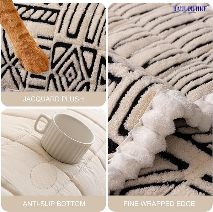 HANDONTIME Boho Couch Cushion Covers for Dogs Plush Couch Cover Washable Non-Slip Dog Sofa Cover Pet Couch Protector Fuzzy Geometric Sofa Slipcovers Dog Mat for Sofa and Couches(Beige, 27.6" x 82.7") - Image 3